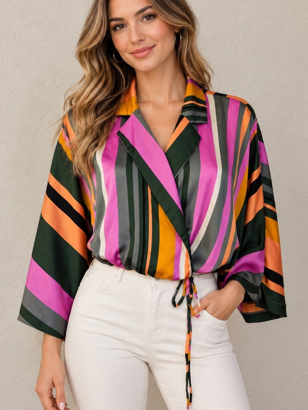 LOST & WANDER Striped Satin Surplice Blouson Tie Waist Blouse